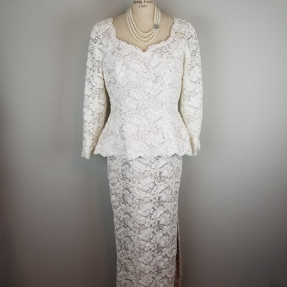 Vintage Rose Taft Couture Gown Corded Candlelight Lace over Blush Satin